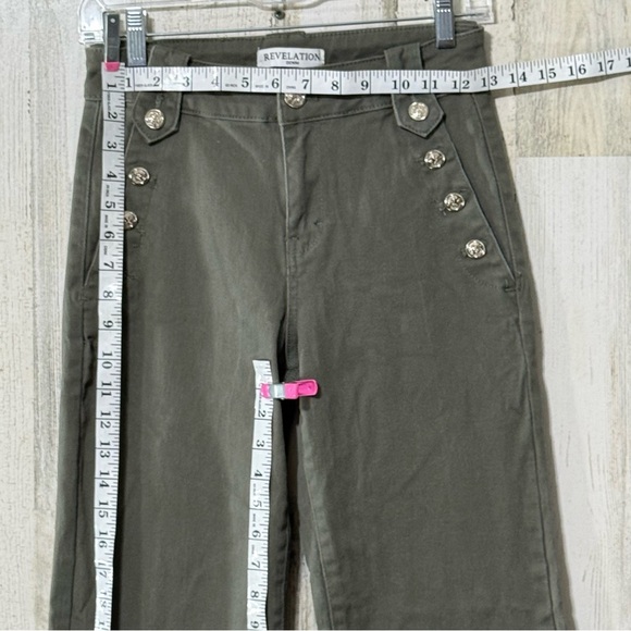 Revelation Denim Flare High Rise Button Dark Olive Wide Leg Jeans - Picture 6 of 14